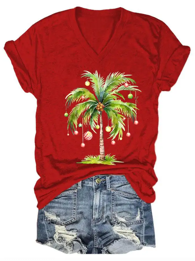 Women's Casual Christmas Palm Tree Printed Short Sleeve T-Shirt