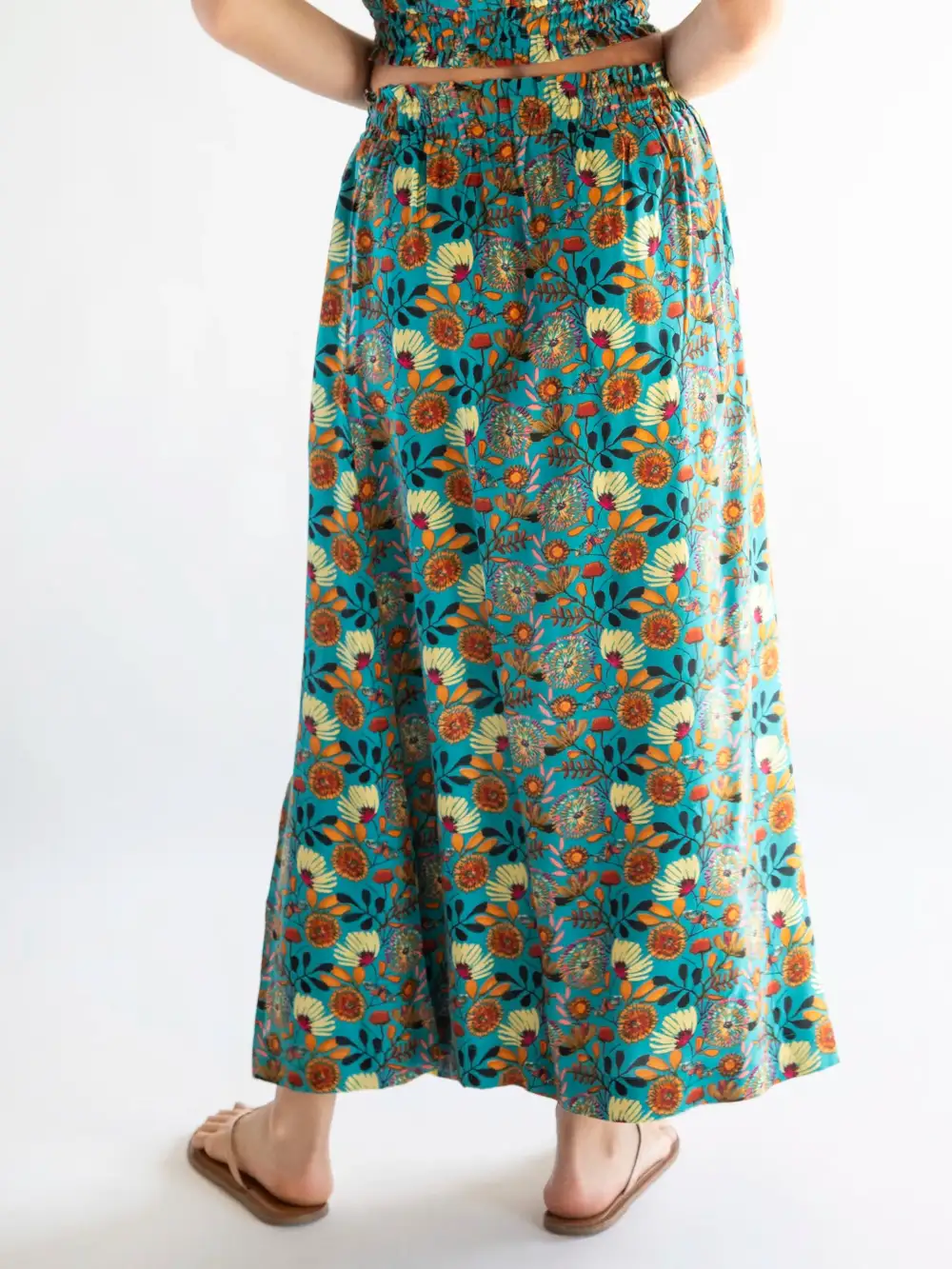 Carmen Smocked Midi Skirt - Blue Orange Floral