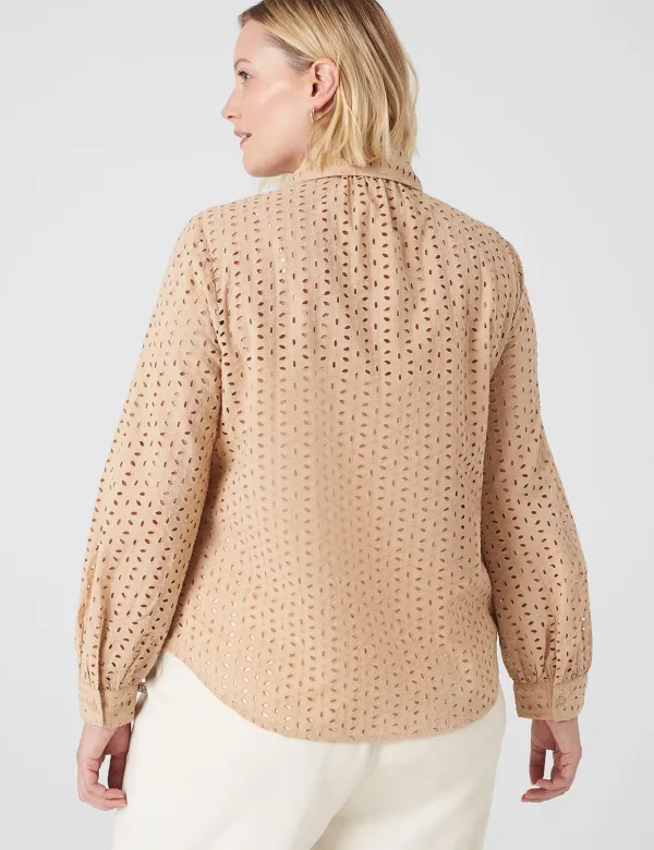 Long-Sleeve Button-Down Eyelet Top