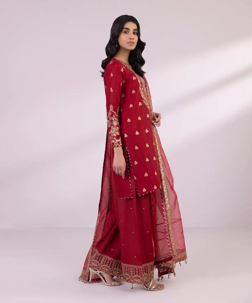 3 Piece - Embroidered Raw Silk Suit