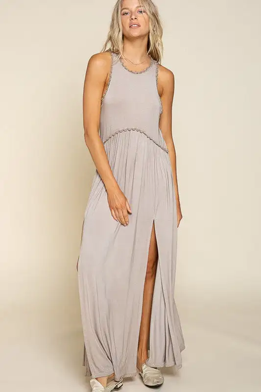 Stone Washed Side Slit Cut Out Maxi Dress