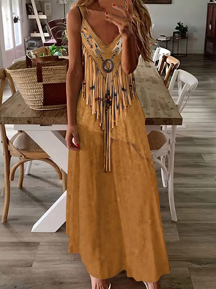 Western Vintage Tribal Tassels Cami Maxi Dress