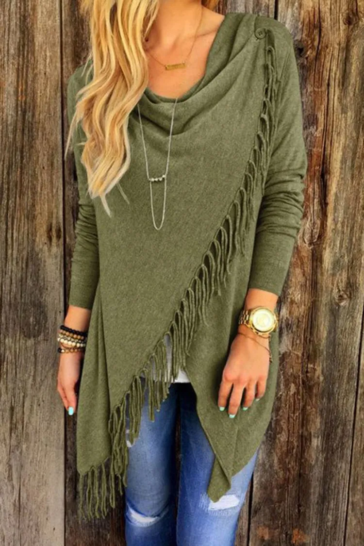 Solid Color Casual Fringe Long Sleeve T-Shirt