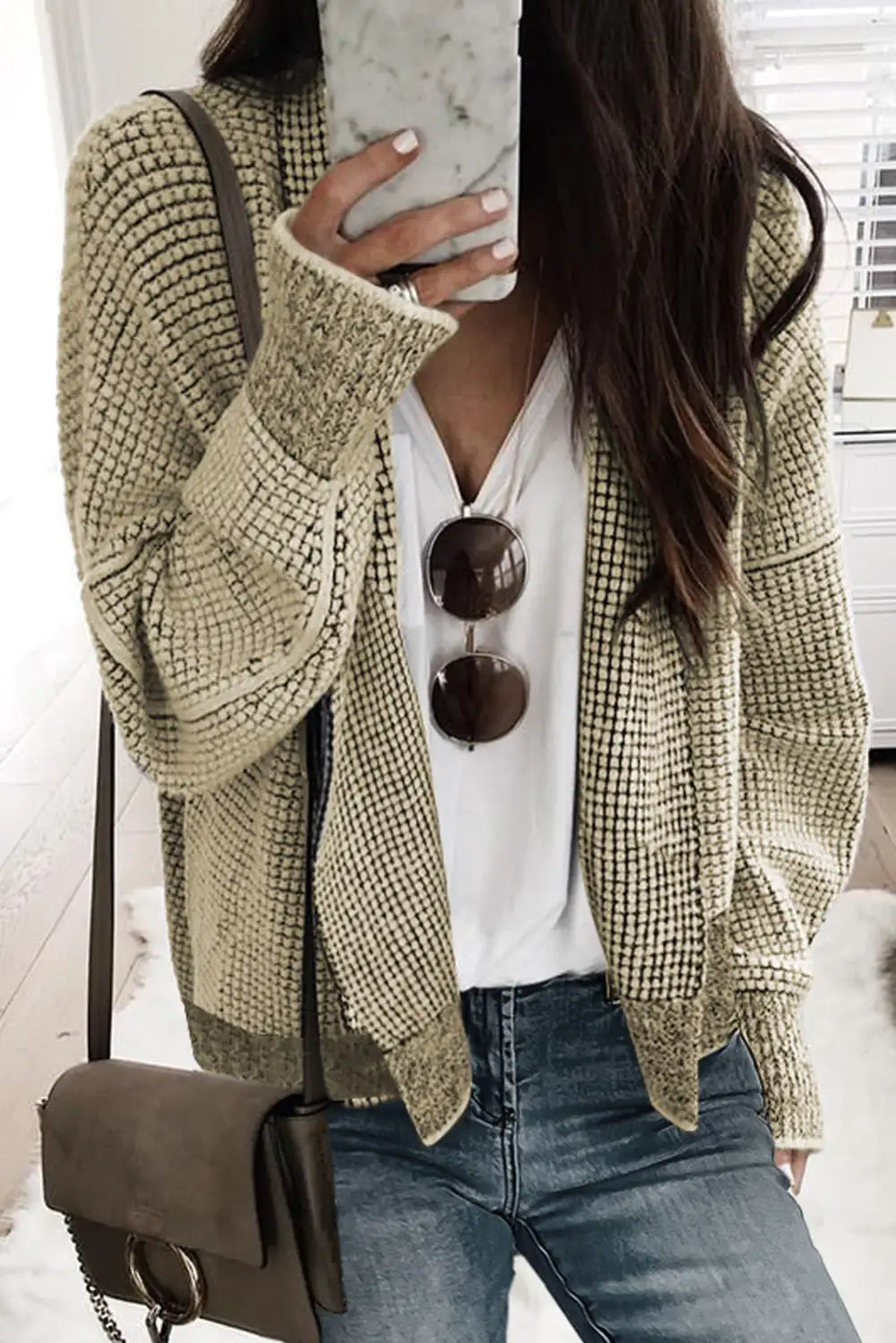 Plaid Contrast Trim Open Front Cardigan