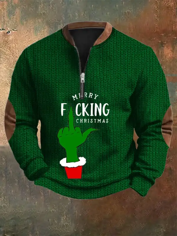 Men's Woolen Christmas Print Zip-Up Sweatshirt