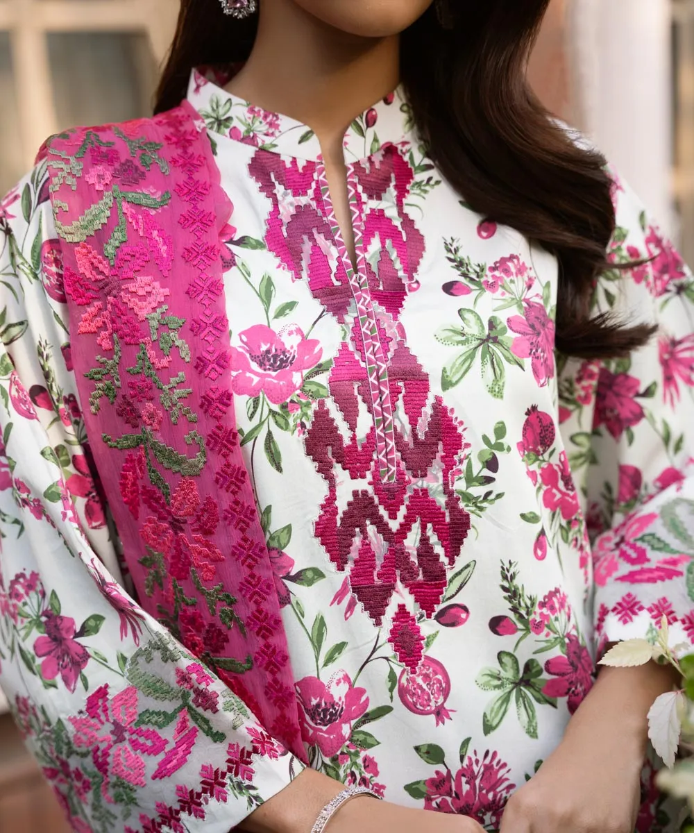 3 Piece - Embroidered Cotton Satin Suit