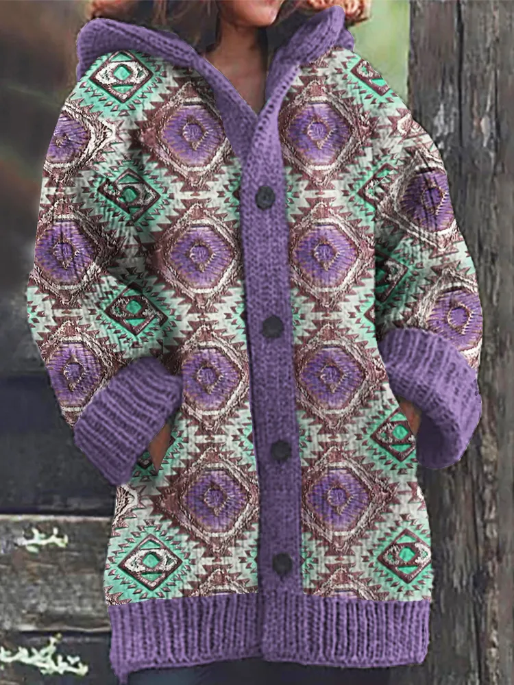 Embossed Leather Aztec Turquoise Amethyst Print Women's Hooded Cardigan Sweater