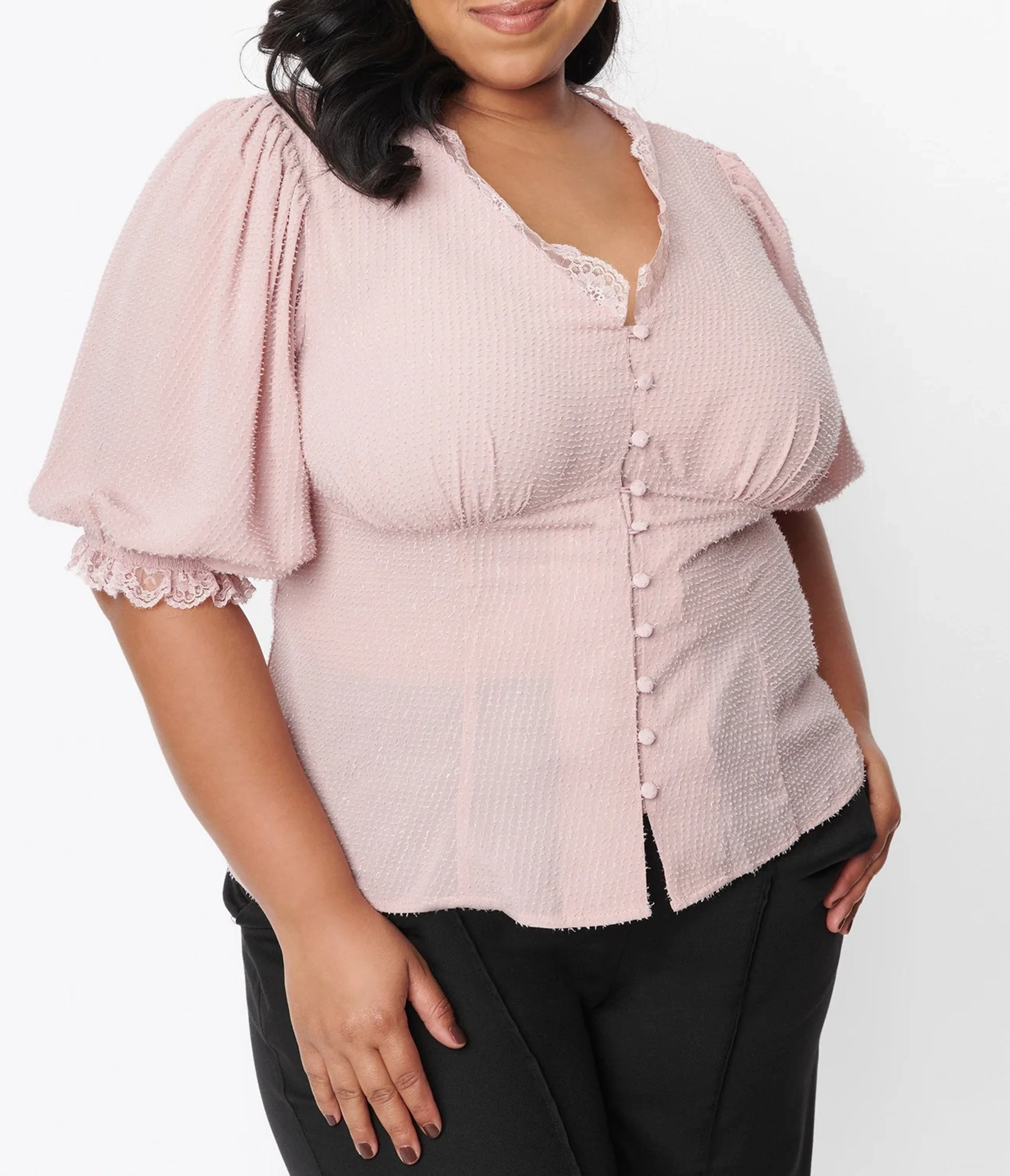 Unique Vintage Plus Size 1940s Pink Clip Dot Puff Sleeve Blouse