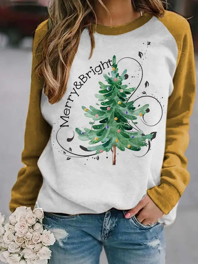 Women's Merry And Bright   Tree🎄 Print Casual Sweatshirt