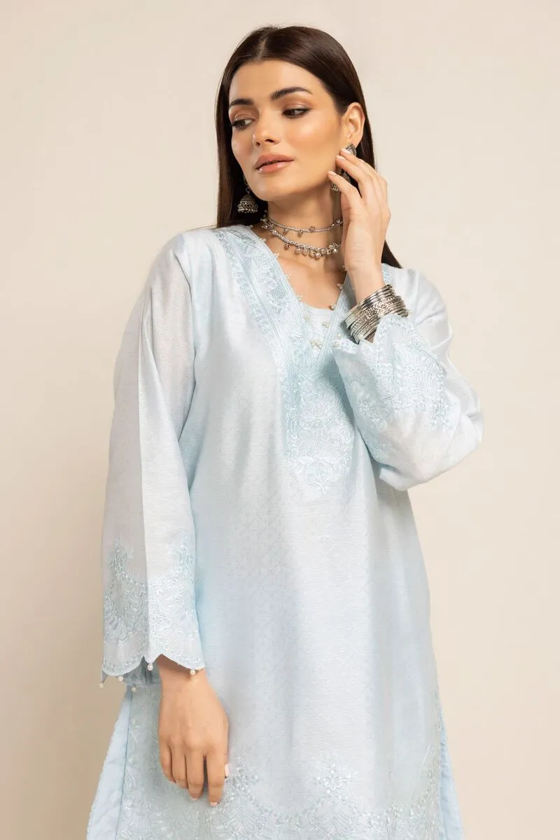 3 Piece Kurta Embroidered | Dupatta& Bottom & Tops | Color light blue