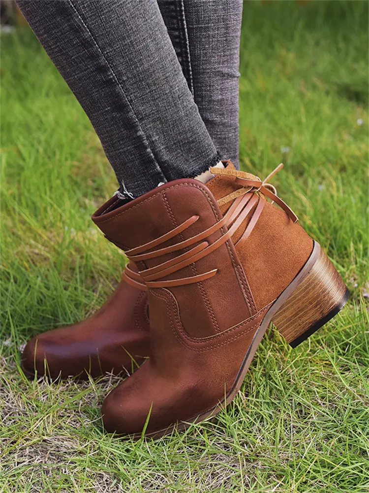 Laced Washed Leather Patchwork Ankle Boots