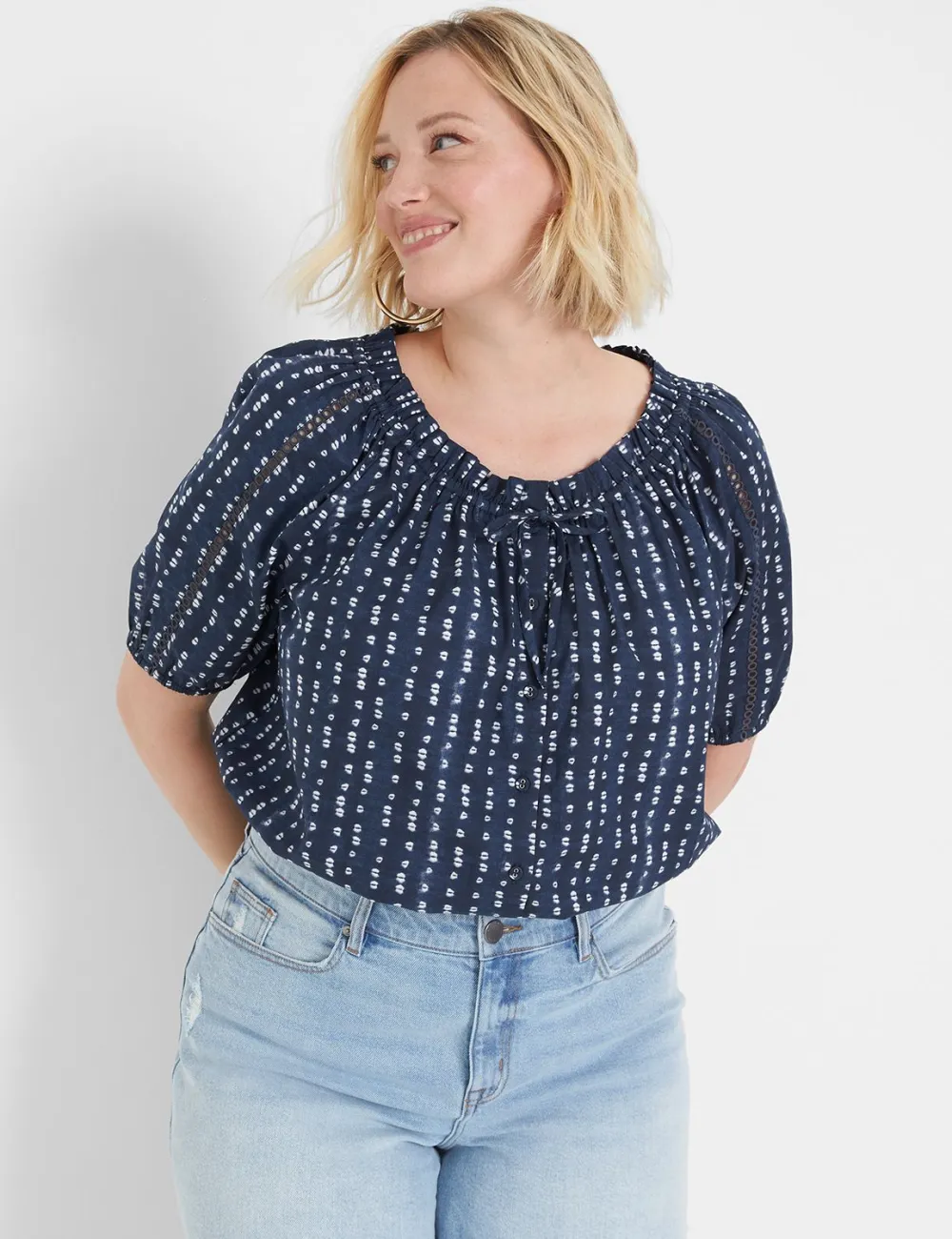 Crop Button-Down Elastic-Hem Top