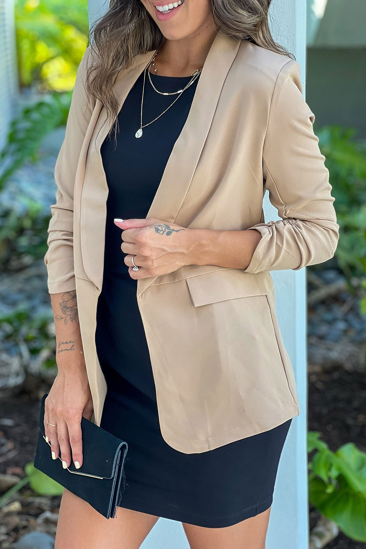 Khaki Ruched Sleeve Blazer