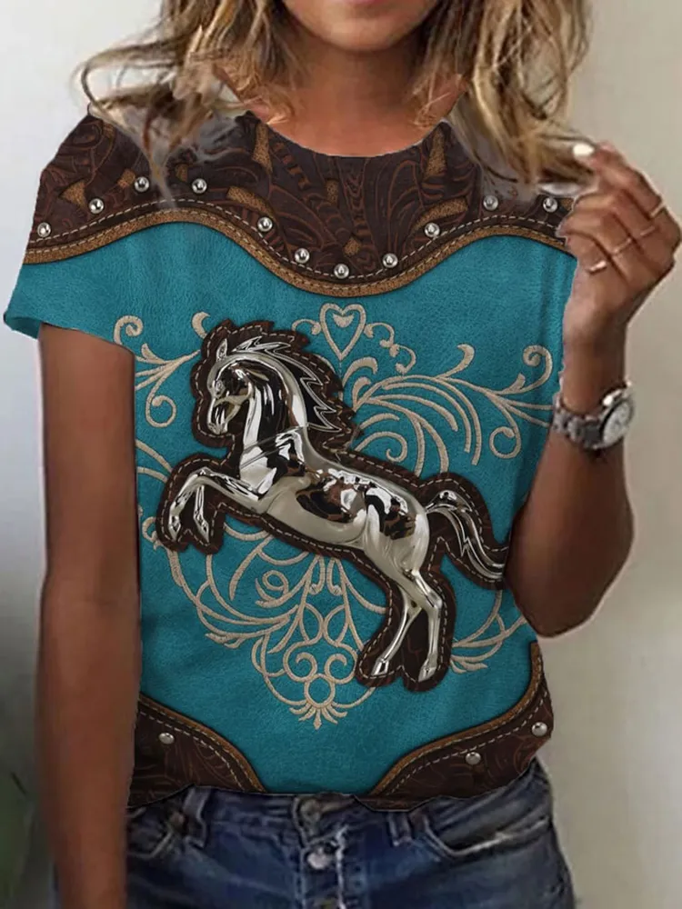 Vintage Western Horse Print Short Sleeve T-Shirt