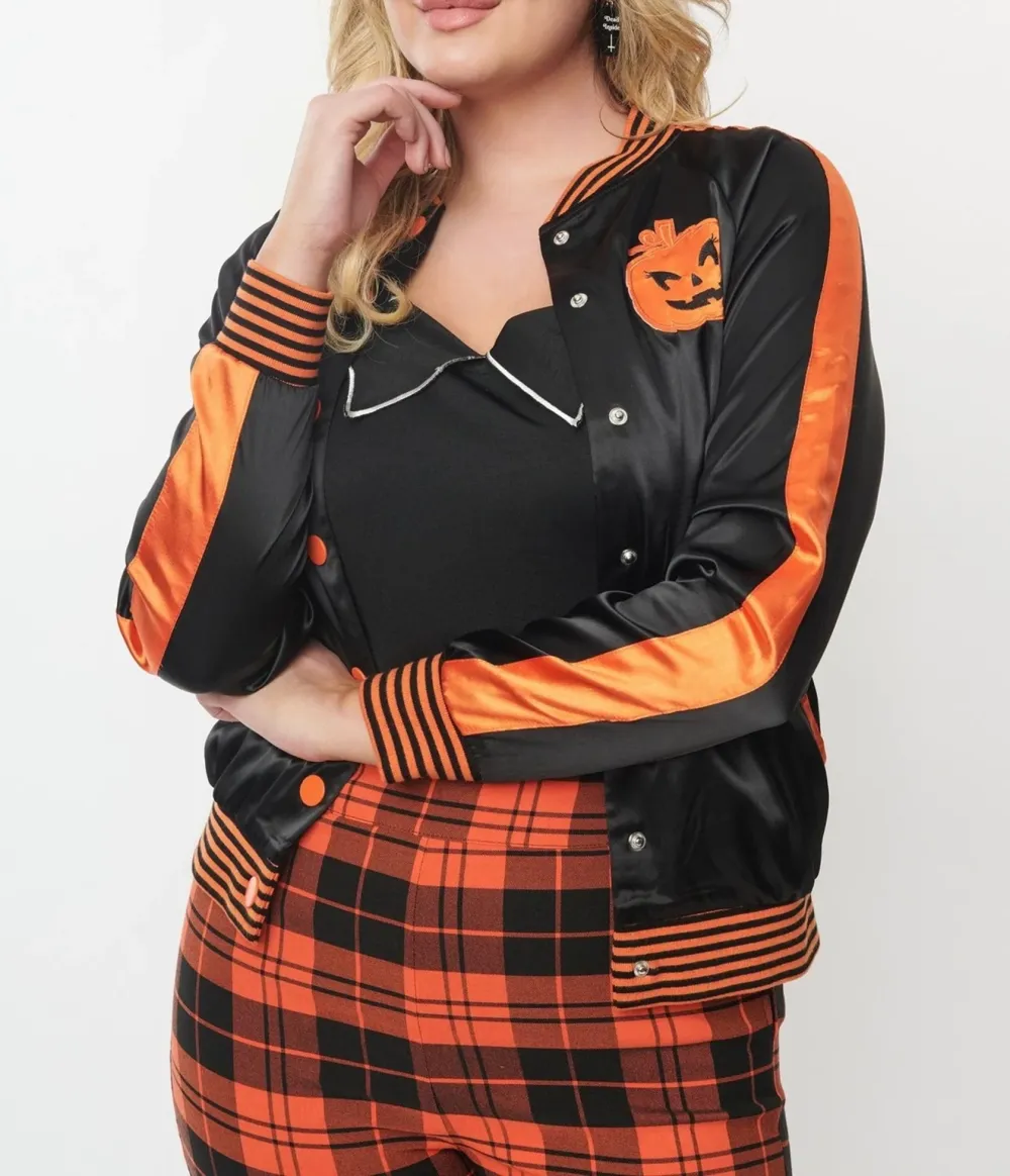 Unique Vintage Black And Orange Scream Queen Satin Bomber Jacket