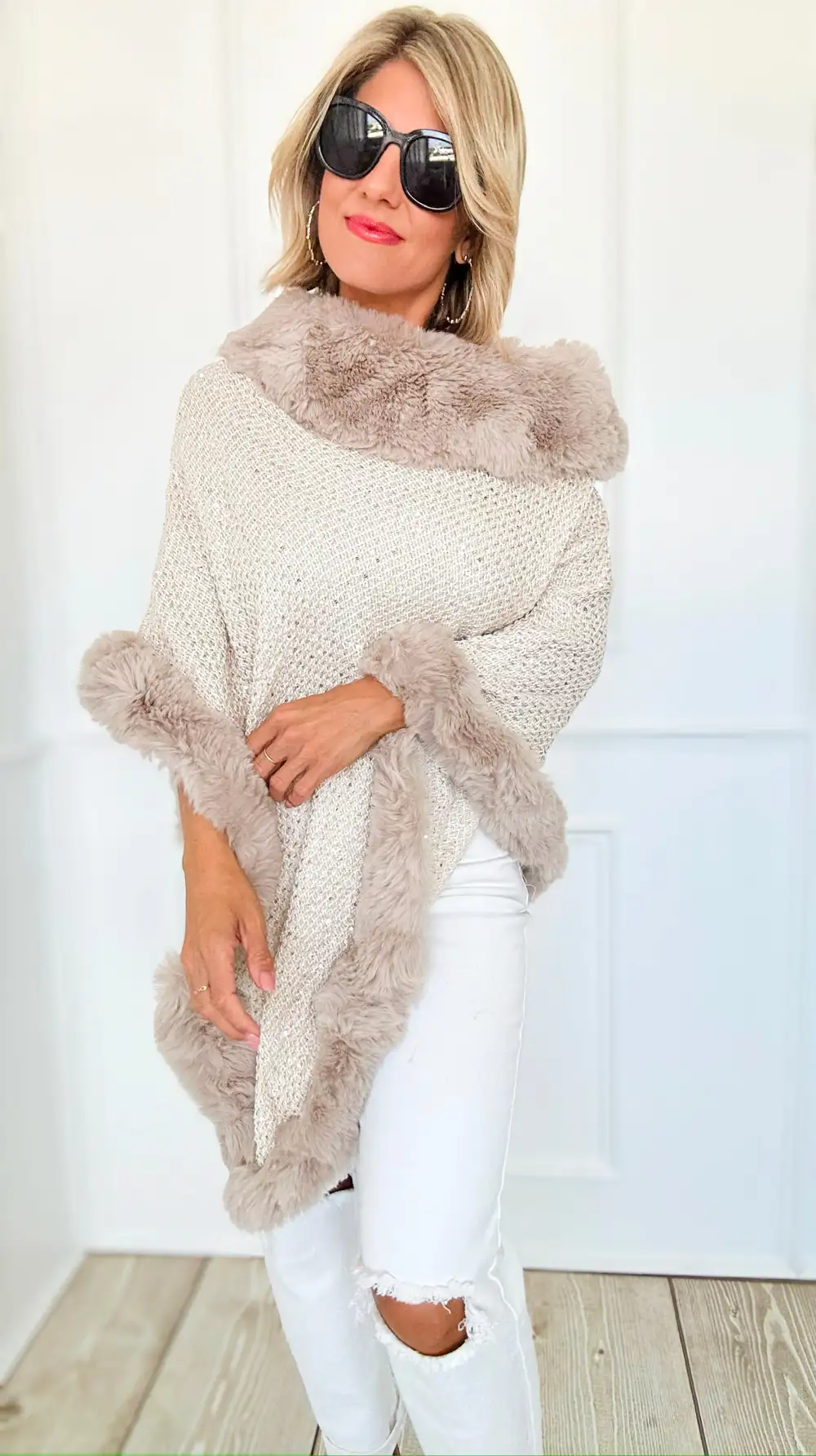 Midnight Glam Vegan Fur Poncho - Beige