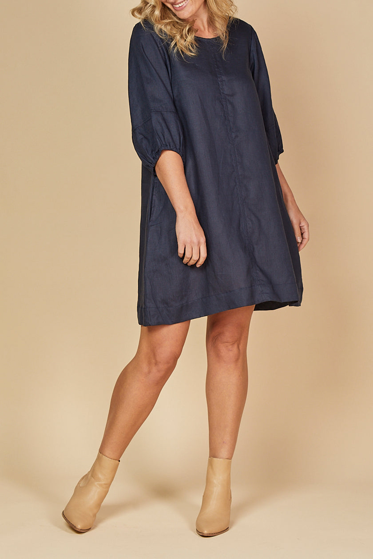 Hazel Short Linen Shift Dress in Navy