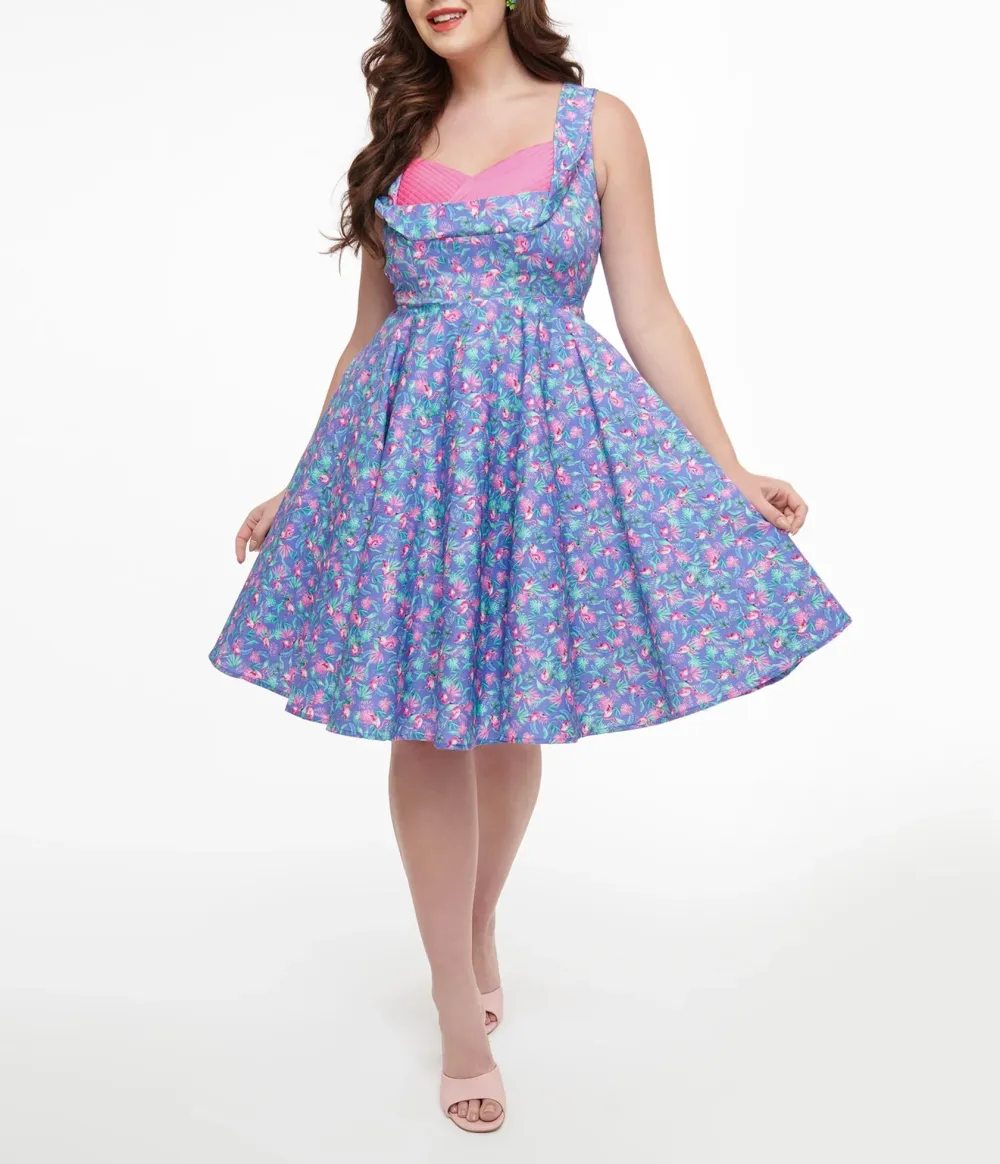 Dolly & Dotty 1950s Purple & Pink Flamingo Leaf Print Grace Swing Dress