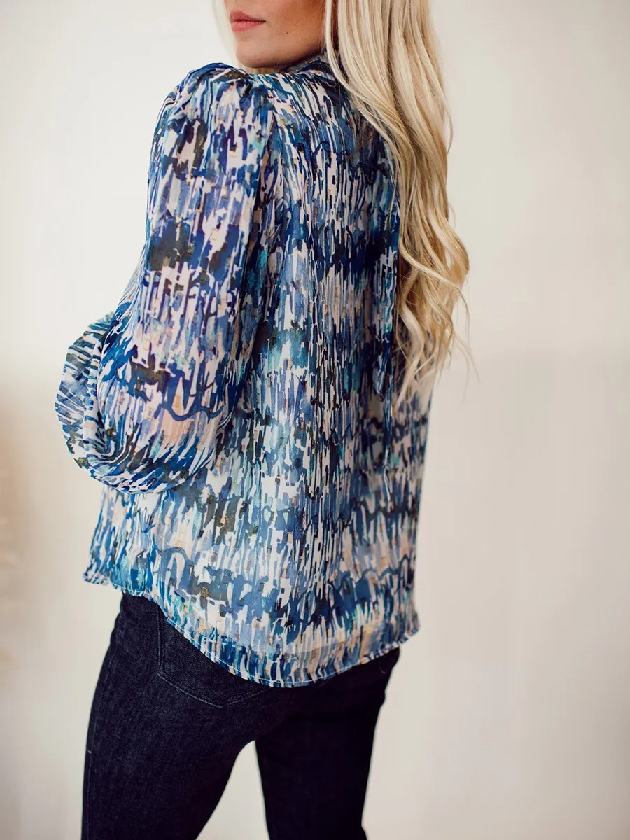 High neck blue abstract pattern shirt