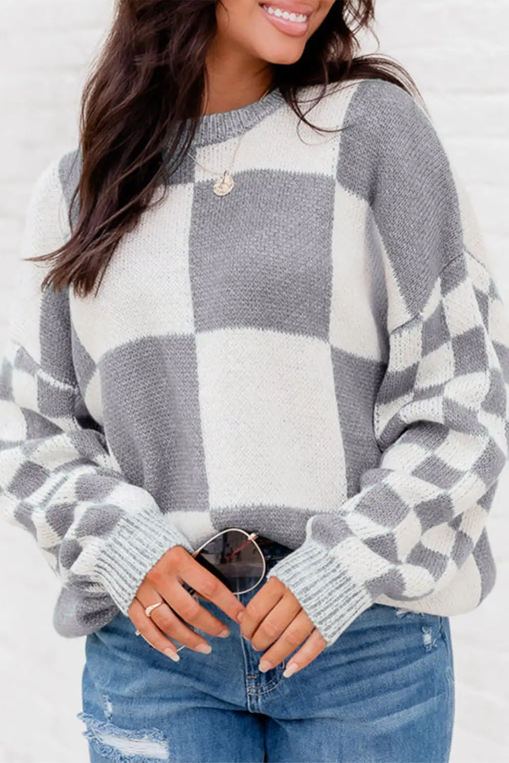 Checkered Print Drop Shoulder Sweater