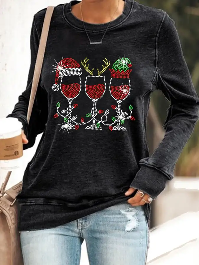 Women's Christmas Elf Deer Santa Hat Red Wine Glass Sweatshirt