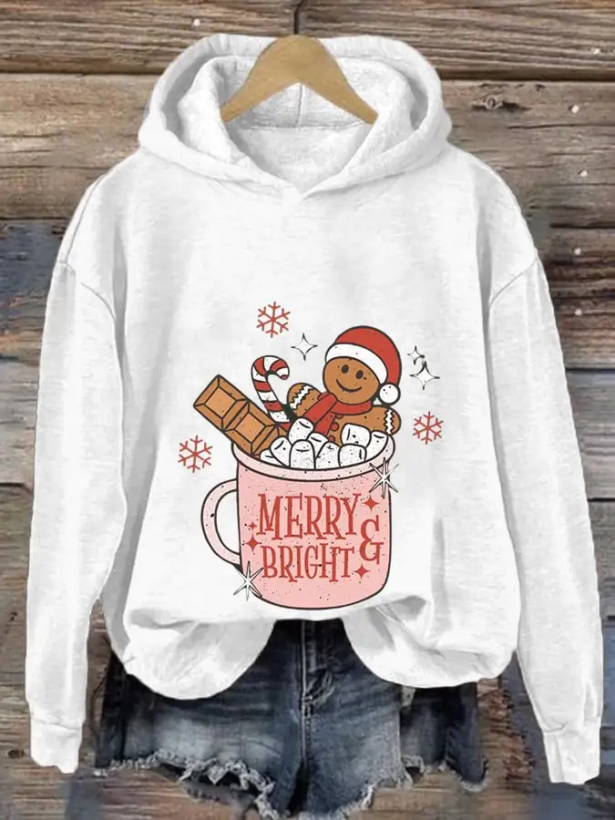 Women's Gingerbread Christmas Merry And Bright Print Casual Hooded