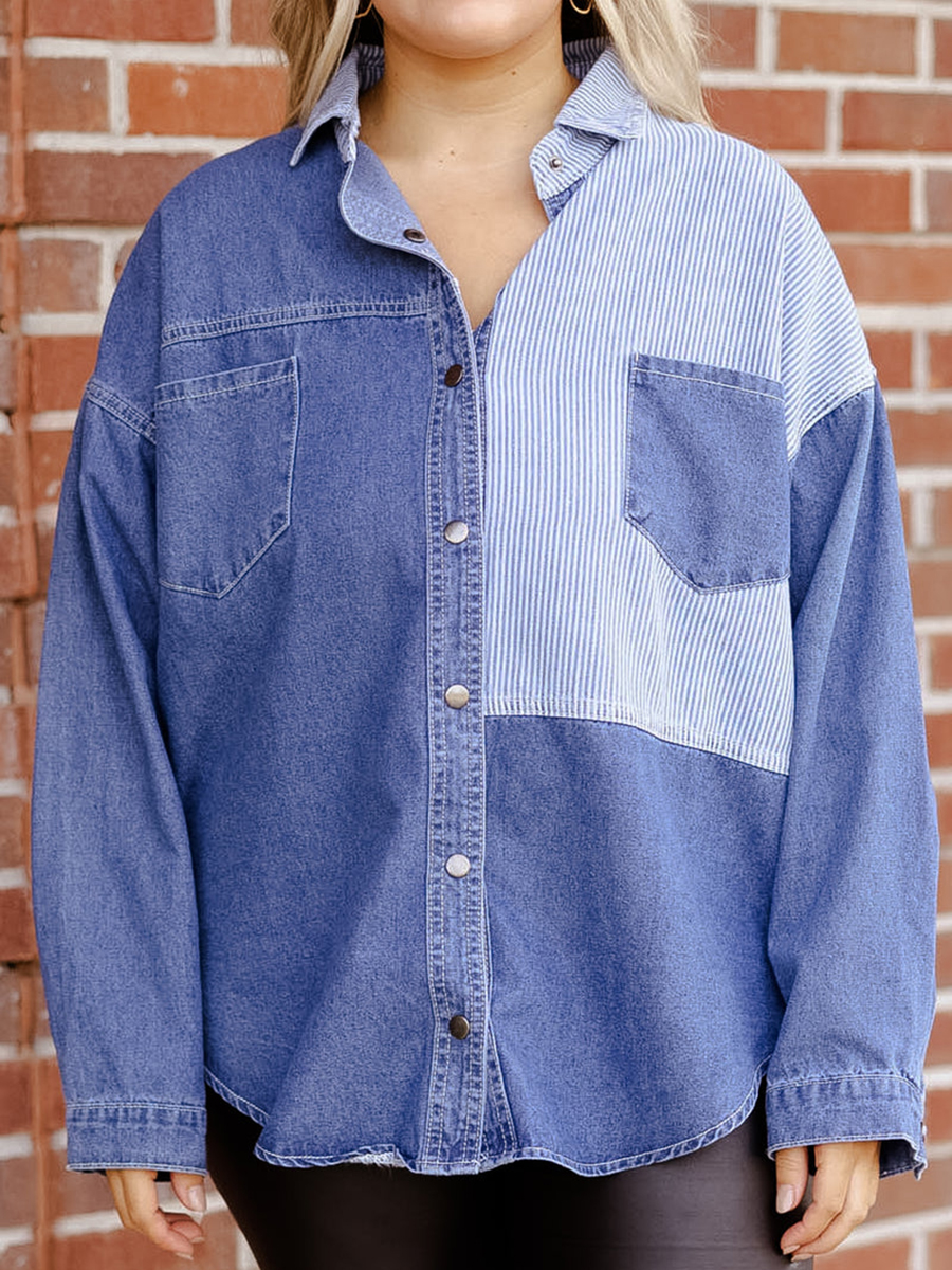 Spliced striped fabric pocket denim shirt