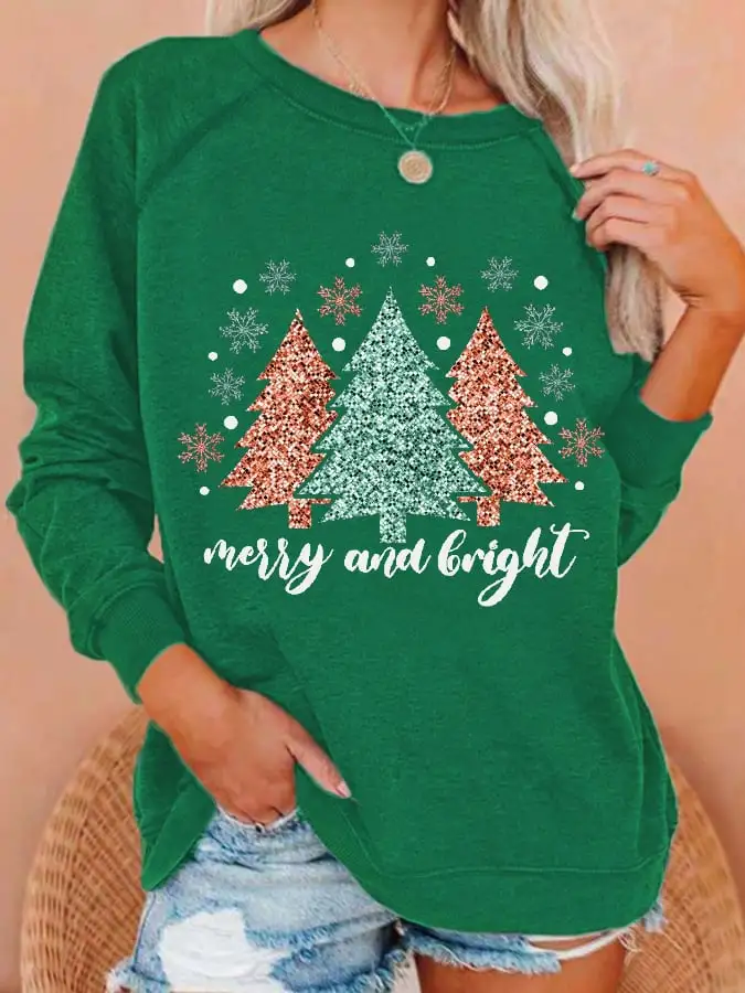 Women's Christmas Merry & Bright Christmas Tree Print Sweatshirt