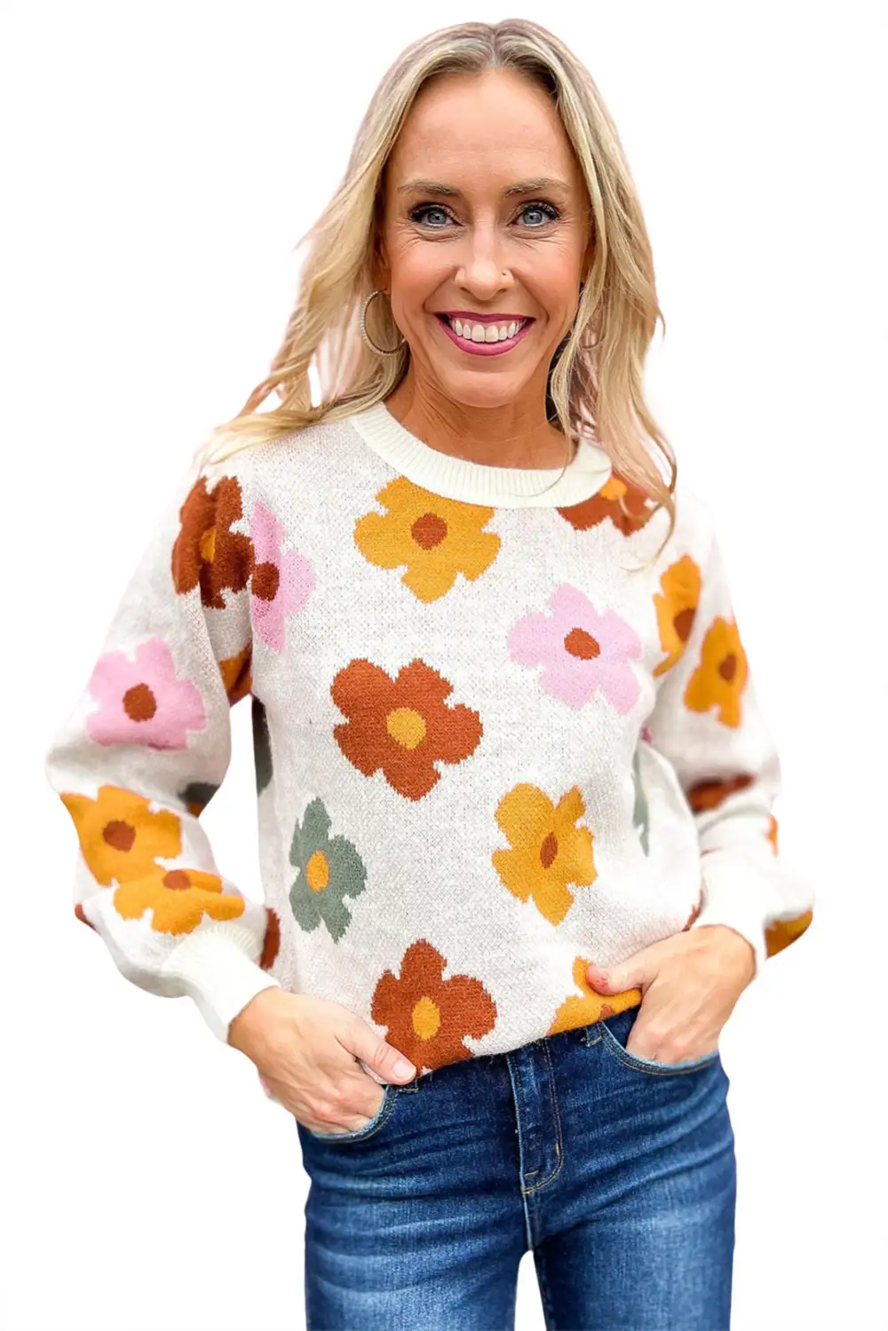 Sweet Flower Knitted Ribbed Hem Sweater