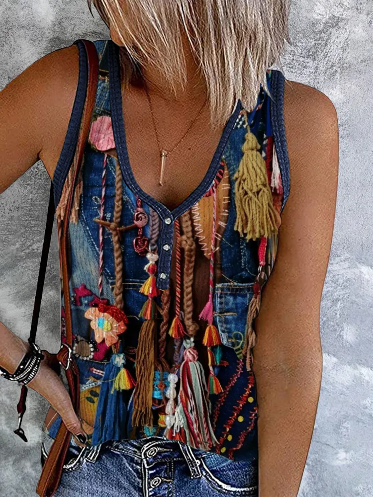 Retro Western Tassel Denim Patchwork Printed Button Tank Top