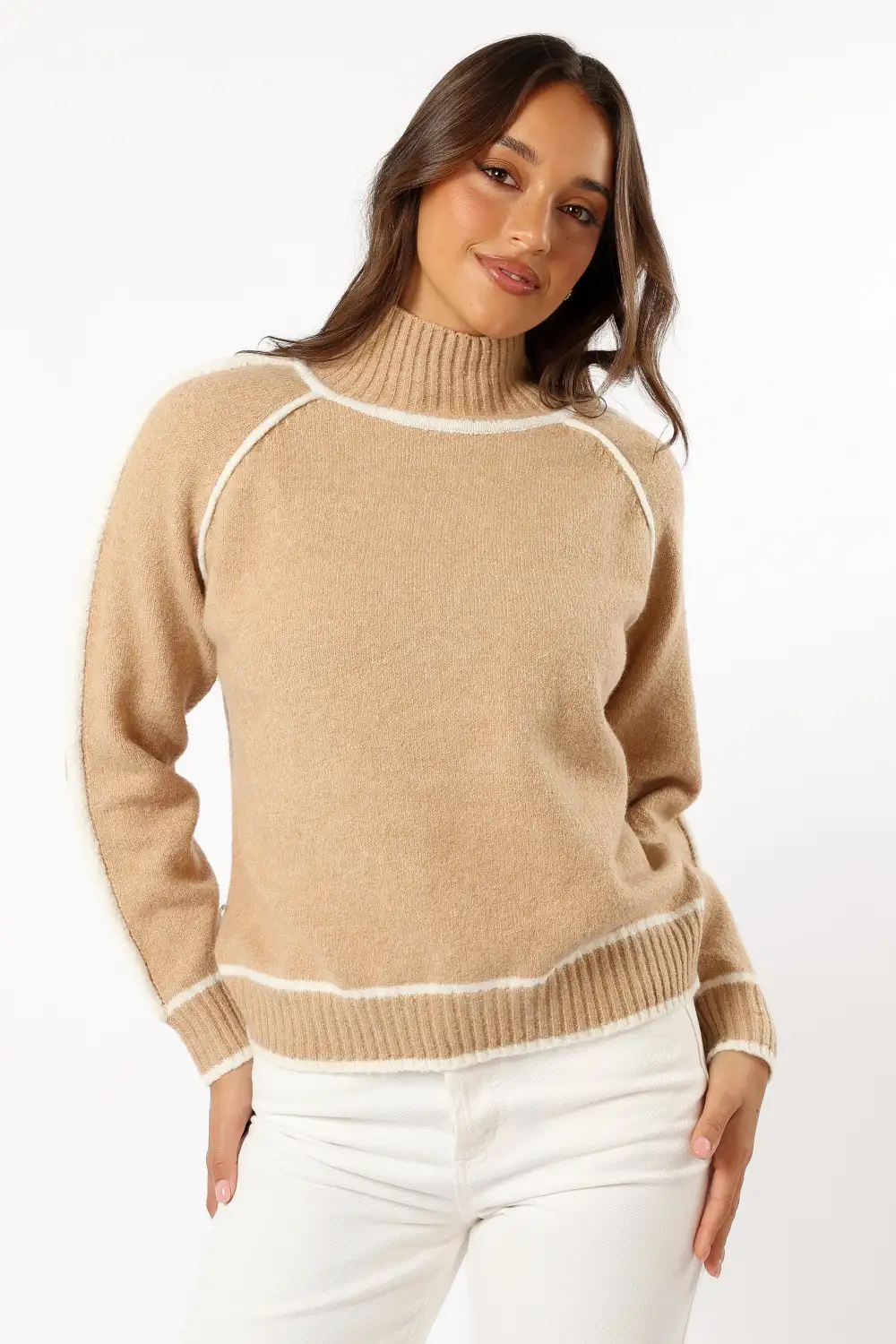 Rylee Contrast Hem Knit Sweater - Camel