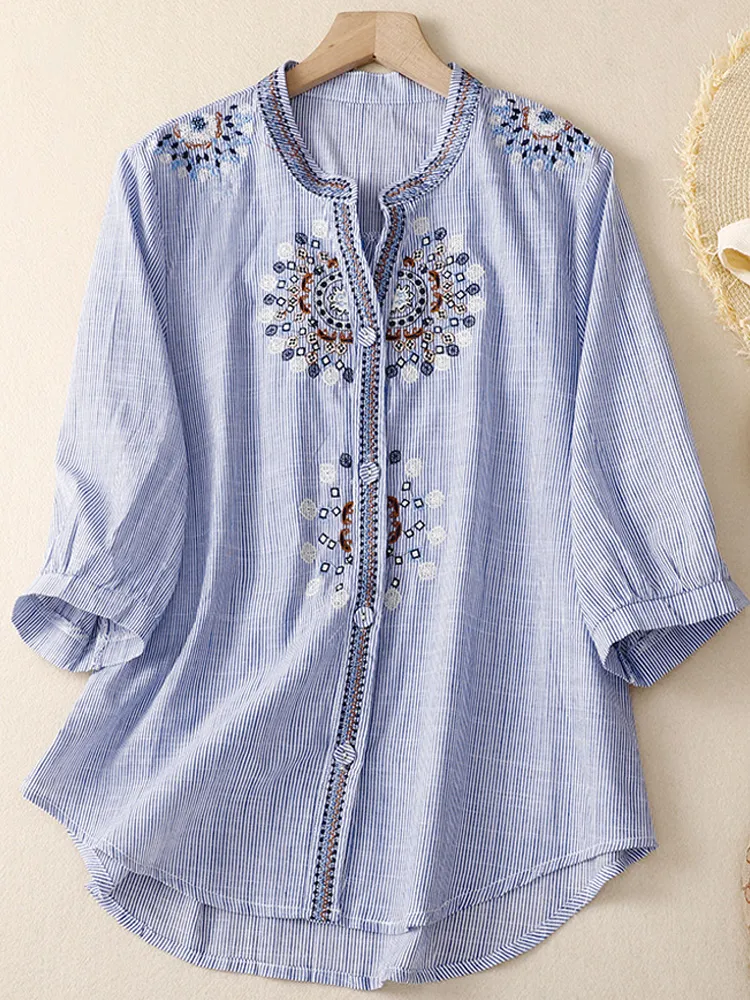 Women's Casual Retro Ethnic Style Embroidered Cotton Shirt