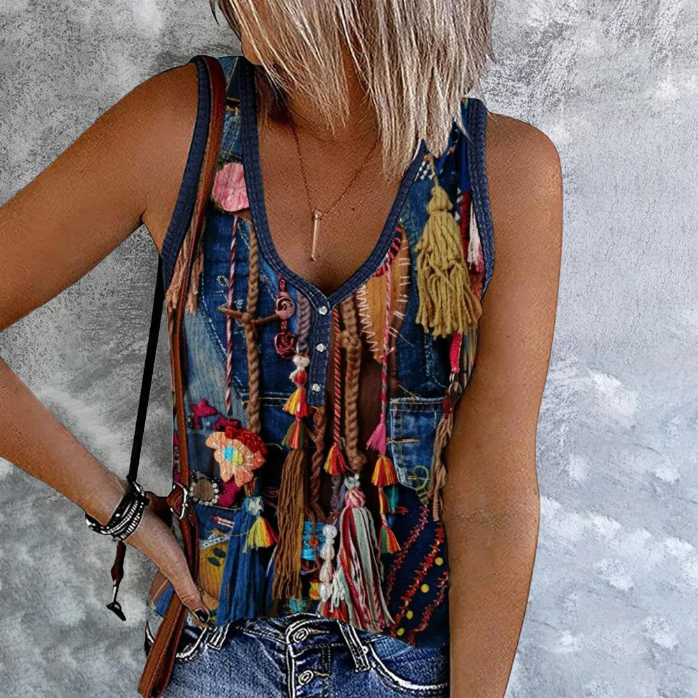 Retro Western Tassel Denim Patchwork Printed Button Tank Top