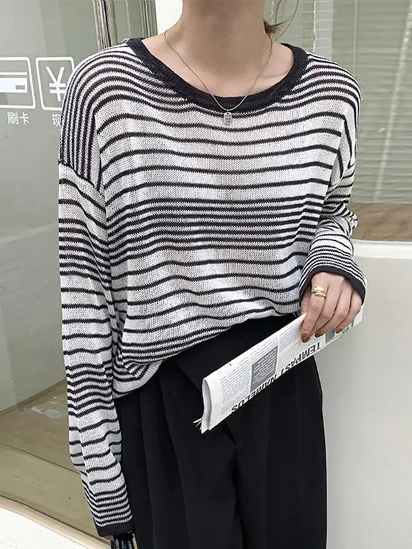 Casual Striped Round-Neck Long Sleeves Knitwear Tops