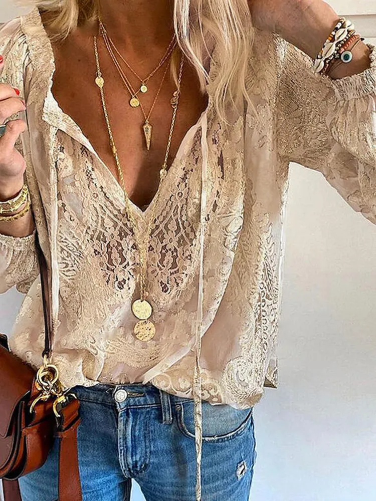 Boho Lace Hollow Out V Neck Long Sleeve Top