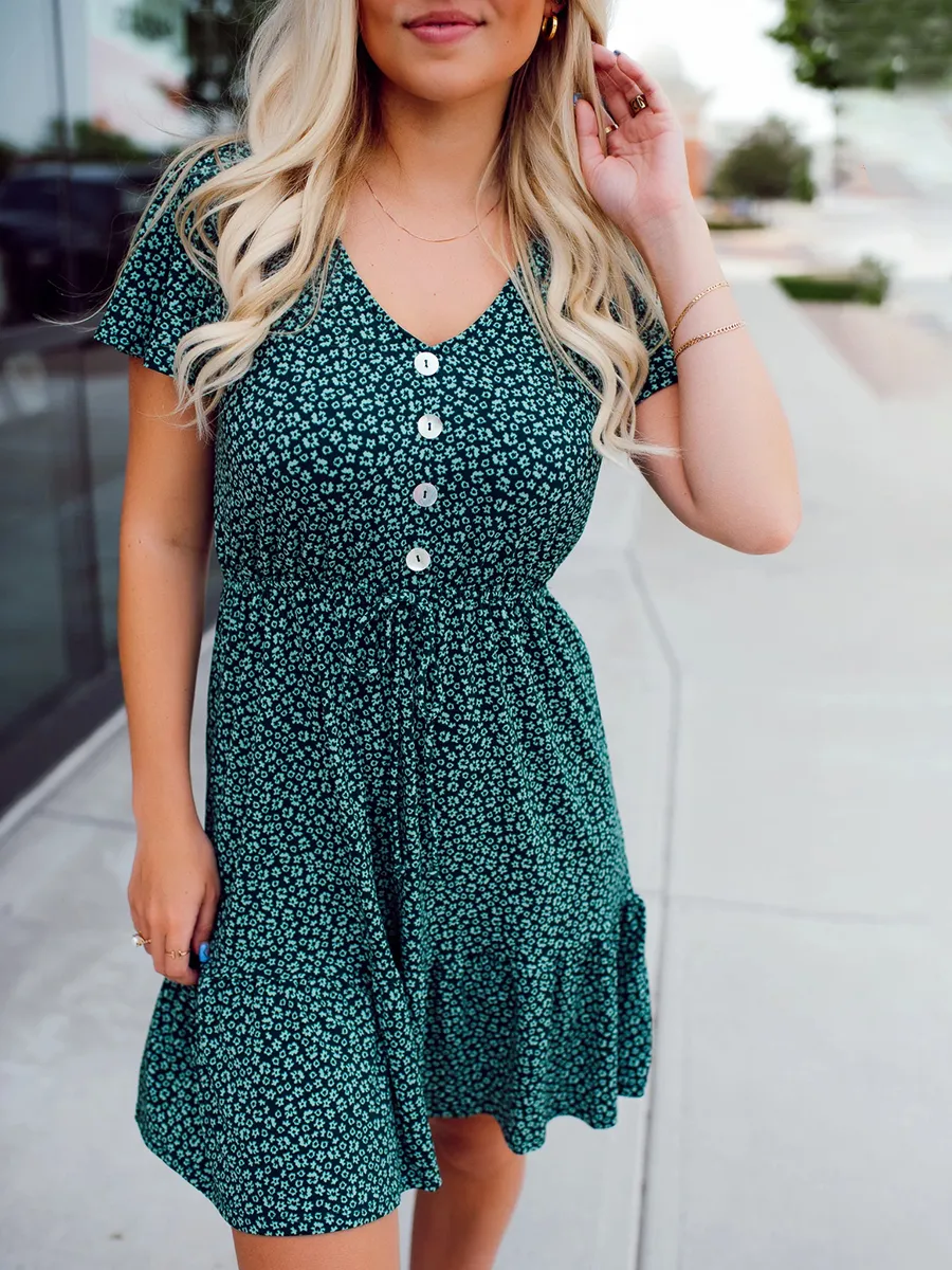 Green Flower Pattern Button Dress