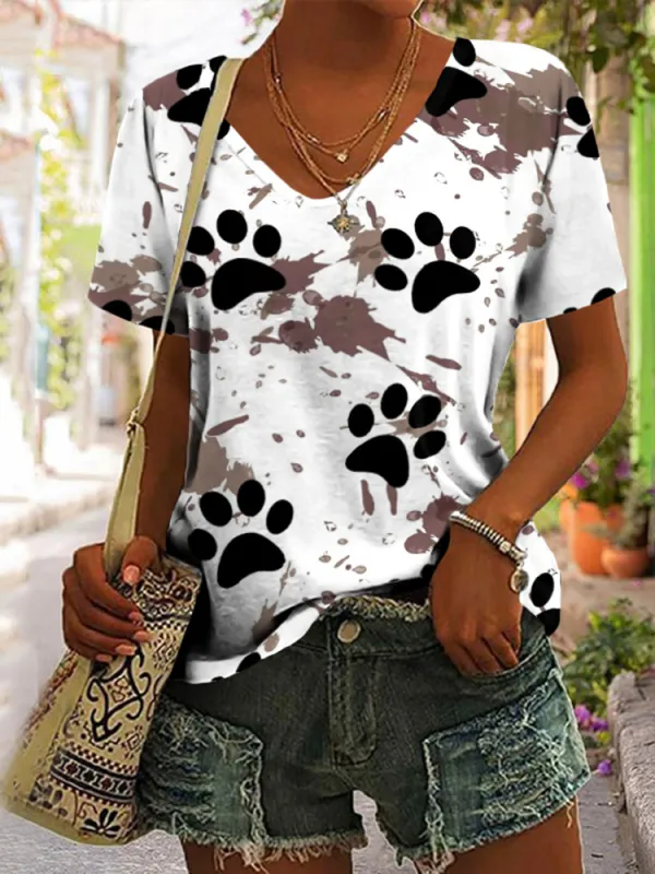 Causal Paw Splash Ink Print Short Sleeve T-Shirt