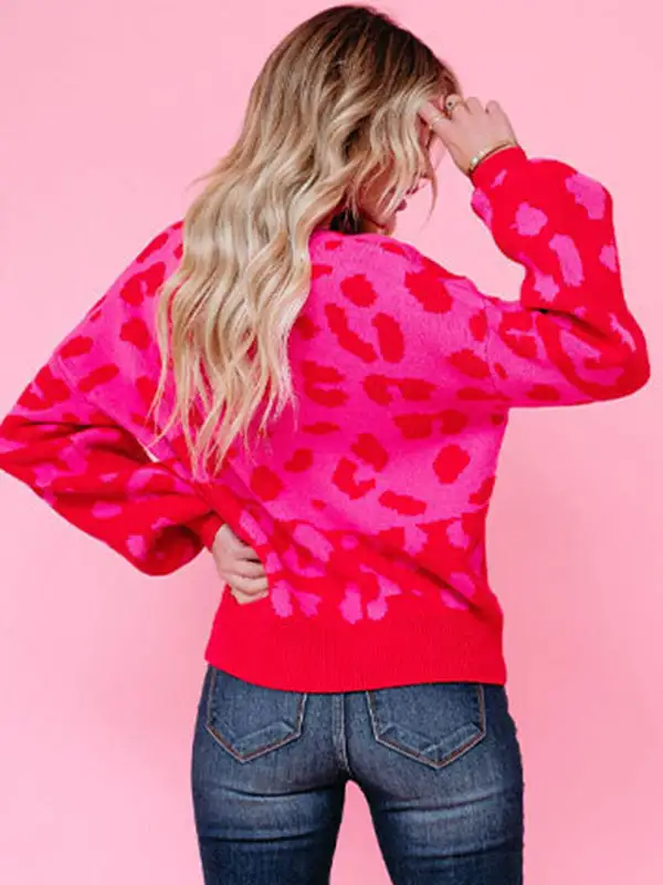 Urban Puff Sleeves Leopard Two-Tone Round-Neck Sweater Tops