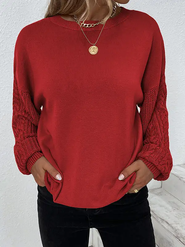 Knitted Twist Long Sleeves Solid Color Round-Neck Sweater Tops