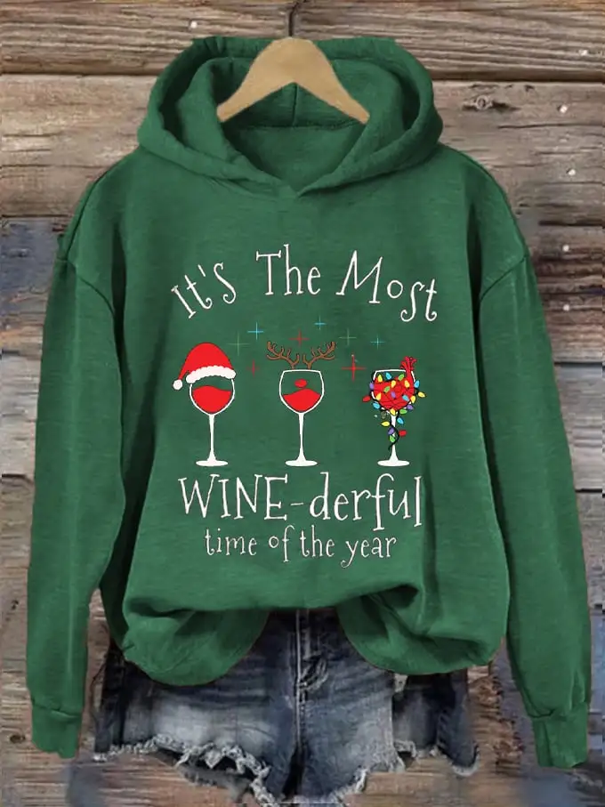 Women's Christmas It's The Most Wine-derful Time of The Year Printed Hooded Sweatshirt