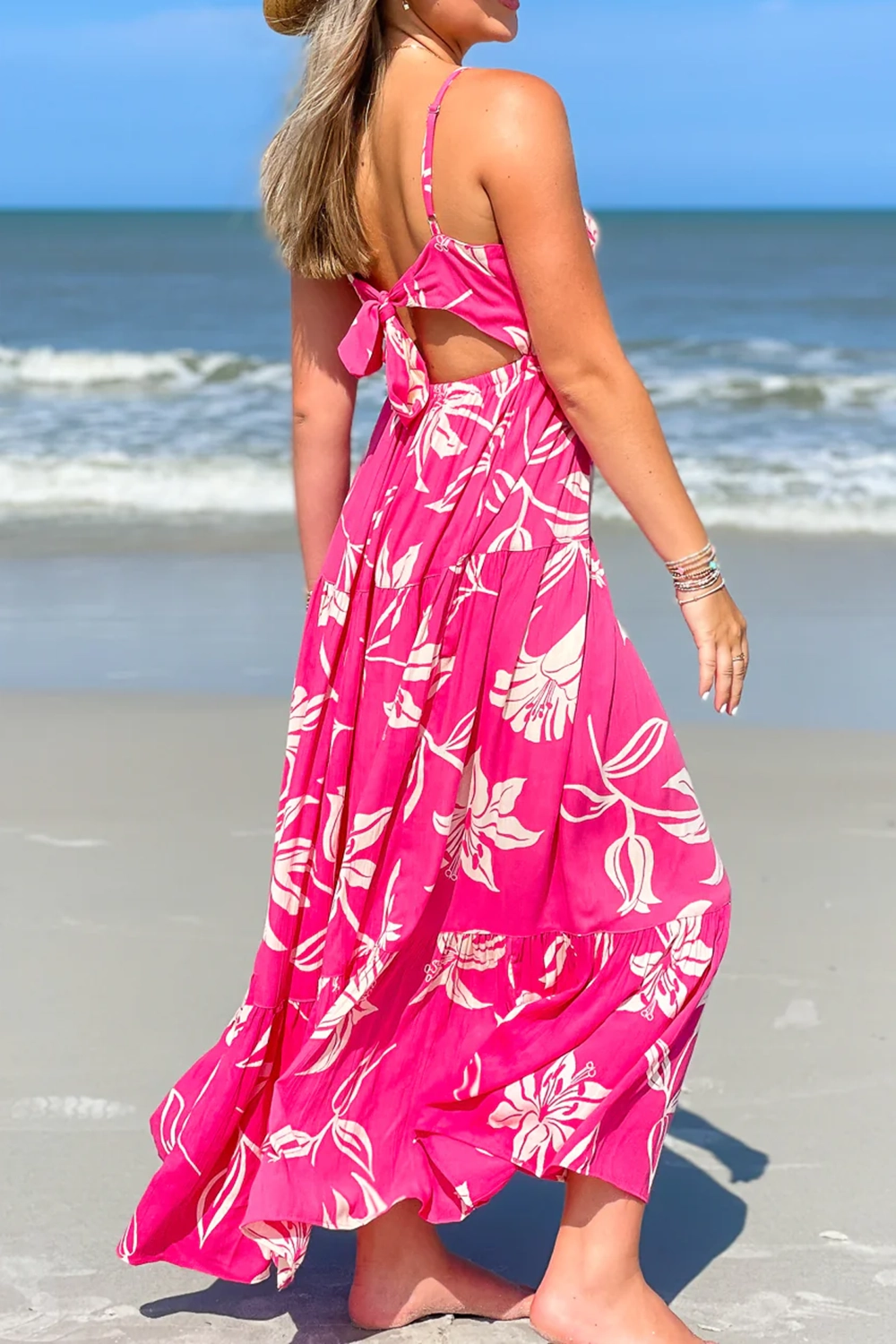 Rose Red Floral V-Neck Long Dress