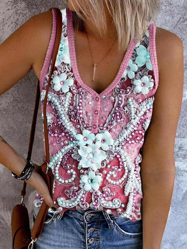 Floral Rhinestone 3D Beaded Lace Art Tank Top