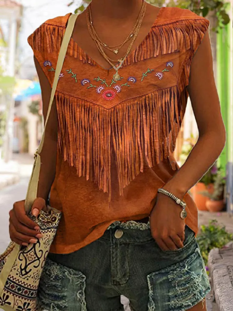 Women's Vintage Tassel Floral Western V-Neck Tank Top