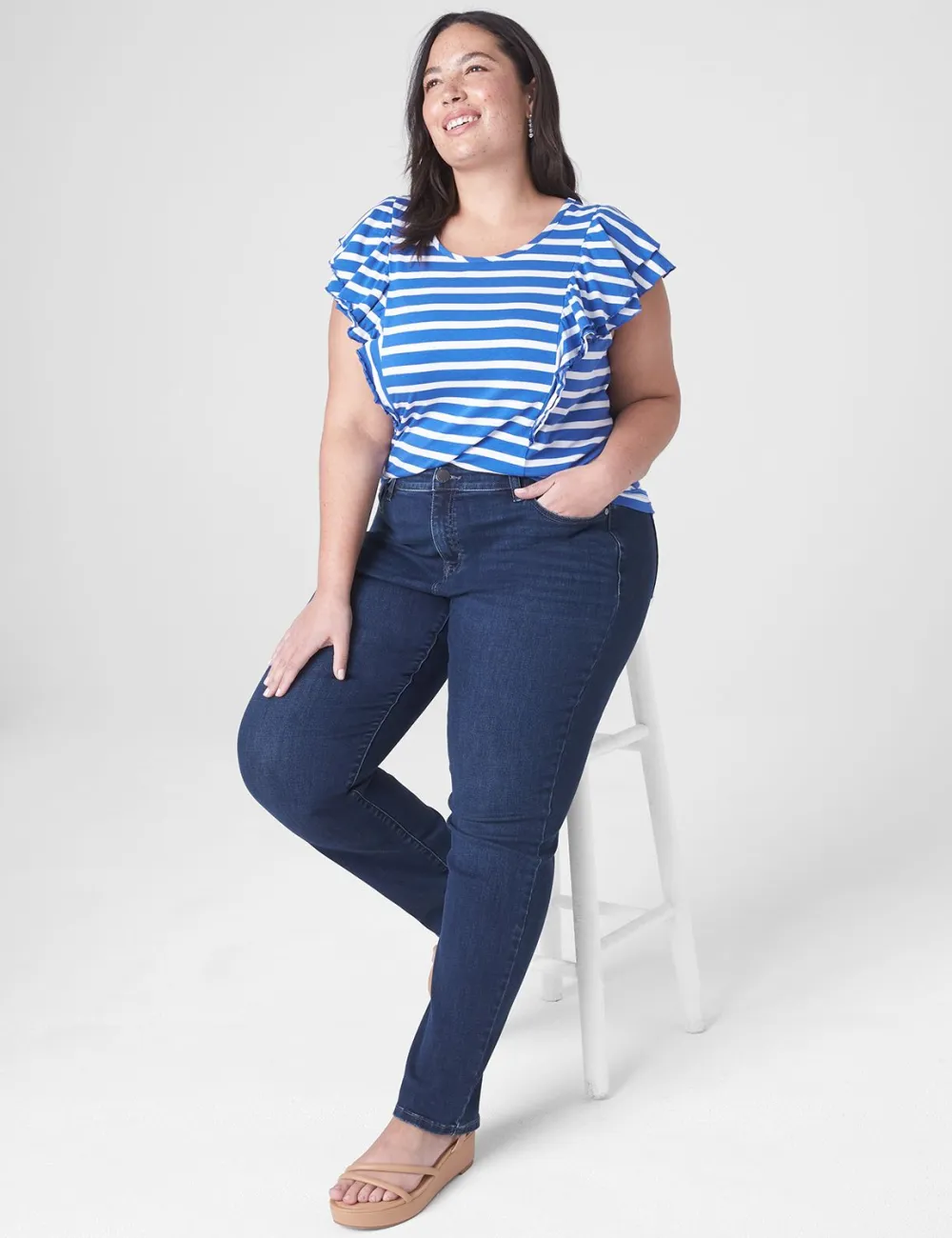 Classic Cap-Sleeve Striped Ruffle Tee