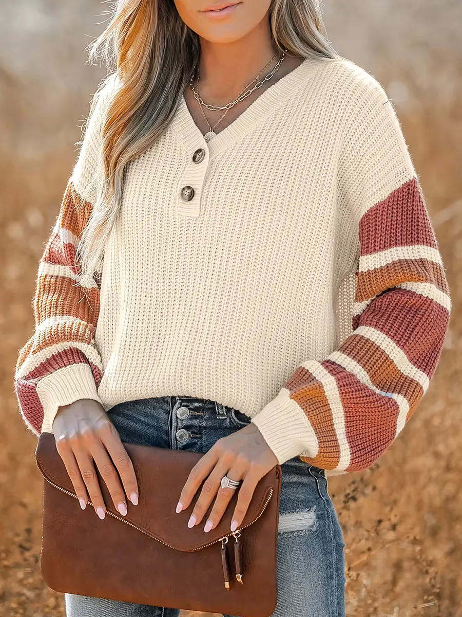 V-neck button-down striped sweater