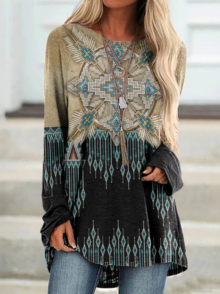 Western Print Long Sleeve Casual Tunic