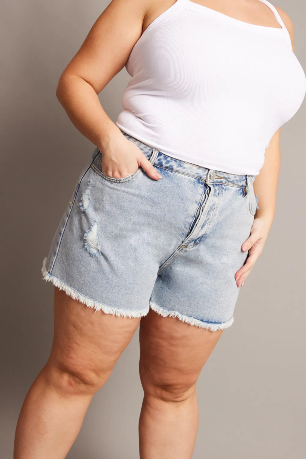 Denim Relaxed Shorts High Rise Distressed Hem