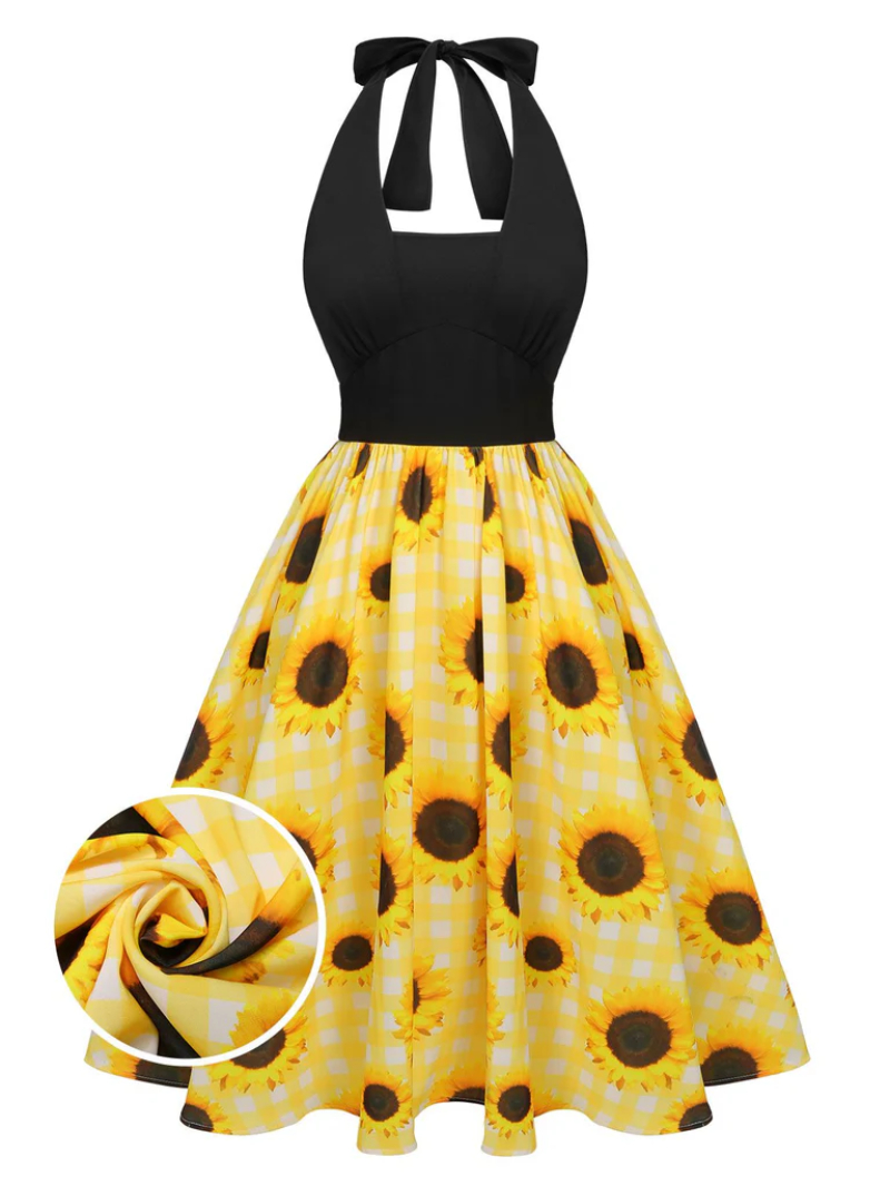 YELLOW 1950S SUNFLOWER PLAID HALTER DRESS