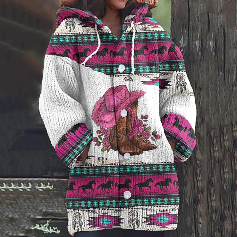 Women's Vintage Ethnic Boots And Floral Geometric Pattern Sweater