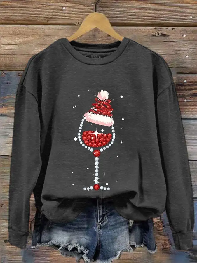 Women's Shiny Christmas Hat Red Wine Glass Casual Sweatshirt